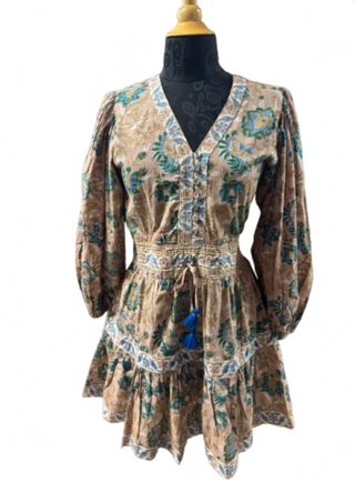 La Plage Brown Block Print Ruffle Dress