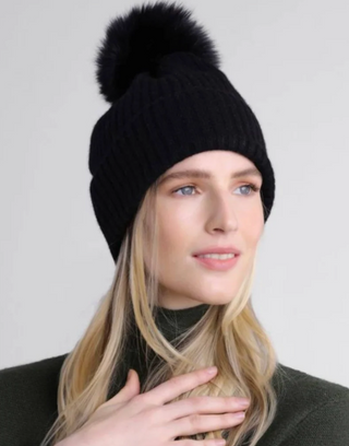 Alashan 100% Cashmere LUXE Ribbed Fox Pompom Hat