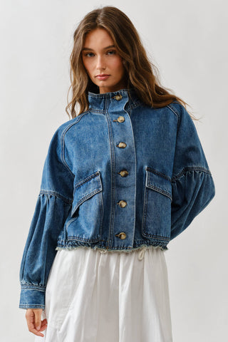 Twill Balloon Sleeve Utility Jacket | Cinched Drawstring Waist