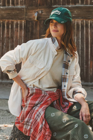 Americana Plaid-Lined Corduroy Shacket – Cozy Oversized Shirt Jacket