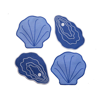 Piecework Blue Scallop Shell Linen Cocktail Napkins - Set of 4