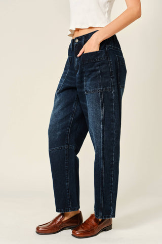 Dark Wash Utility Barrel Jeans | Articulated Knee Streetwear Denim