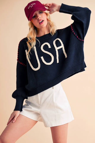 Women's USA Rope Letter Sweater | Cotton Oversized Patriotic Pullover