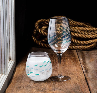 Blue & Green Etched Fish Wine Glass