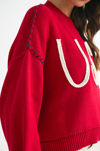 Women's USA Rope Letter Sweater | Cotton Oversized Patriotic Pullover
