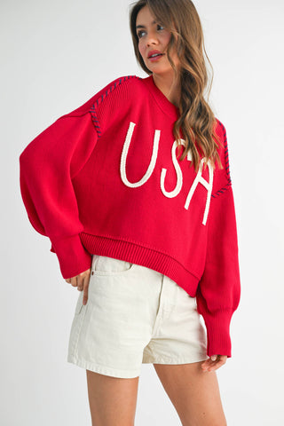 Women's USA Rope Letter Sweater | Cotton Oversized Patriotic Pullover