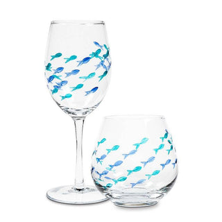 Blue & Green Etched Fish Wine Glass