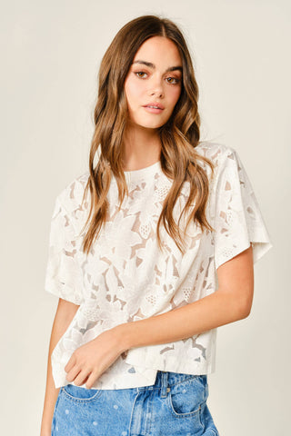 Lace Floral Blouse – Elegant Short Sleeve Eyelet Top