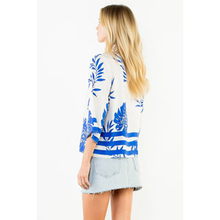 Thml Coastal Blue Tropical Leaf Print V-Neck Blouse