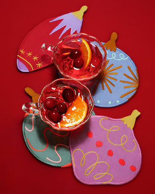 Piecework Deck the Halls Linen Cocktail Napkins - Retro Christmas Set of 4