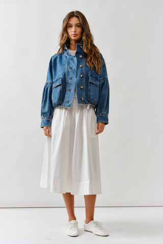 Twill Balloon Sleeve Utility Jacket | Cinched Drawstring Waist