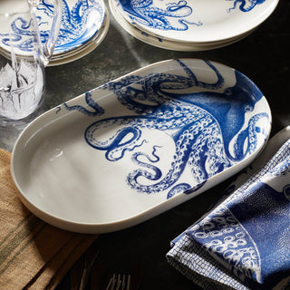 Caskata Lucy Octopus Large Porcelain Oval Platter | Coastal Blue & White Serving Dish