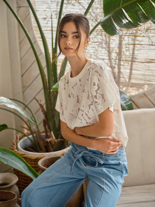 Lace Floral Blouse – Elegant Short Sleeve Eyelet Top