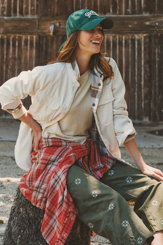 Americana Plaid-Lined Corduroy Shacket – Cozy Oversized Shirt Jacket