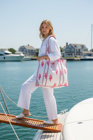 Coastal Lobster Quilted Tote – Pink & White Summer Travel Bag