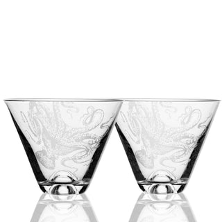 Caskata Lucy the Octopus Stemless Martini Glasses | Hand-Etched Crystal Set of 2