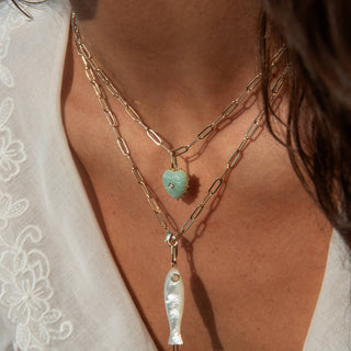 Isabel Amazonite Heart Necklace: 14k Gold Plated Elongated Chain By Thatch Jewelry