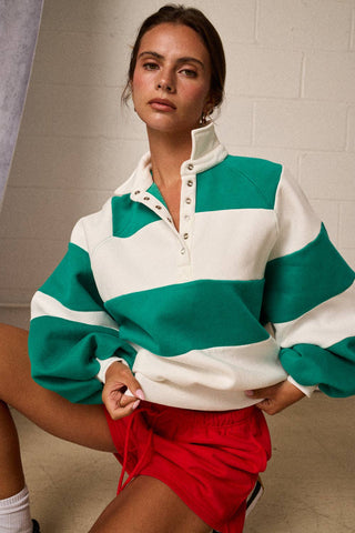 Everly Oversized Rugby Stripe Snap Collar Pullover