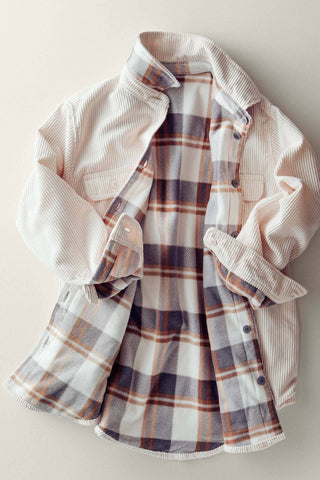 Americana Plaid-Lined Corduroy Shacket – Cozy Oversized Shirt Jacket