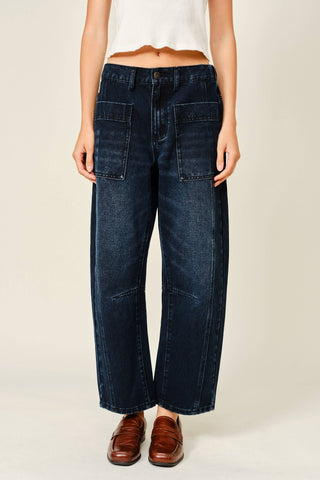 Dark Wash Utility Barrel Jeans | Articulated Knee Streetwear Denim