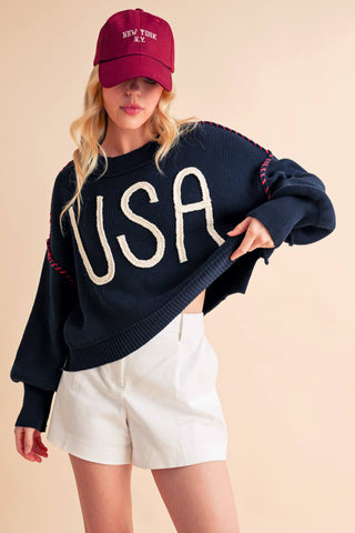 Women's USA Rope Letter Sweater | Cotton Oversized Patriotic Pullover