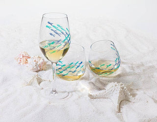 Blue & Green Etched Fish Wine Glass