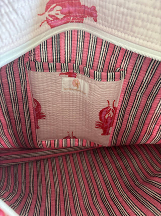 Coastal Lobster Quilted Tote – Pink & White Summer Travel Bag