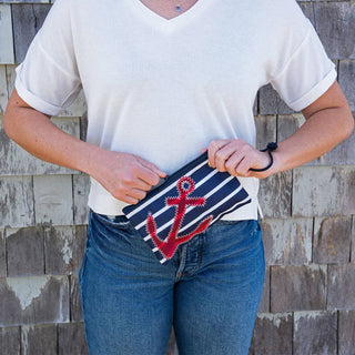Sea Bags Recycled Sail Wristlet | Red Anchor & Navy Stripes | Maine Made
