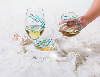 Blue & Green Etched Fish Wine Glass