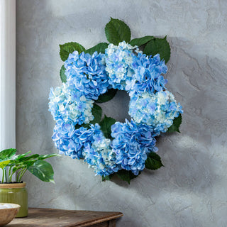 Coastal Blue & White Artificial Hydrangea Wreath - Realistic Front Door Decor