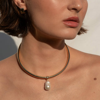 14K Gold Plated Sculptural Collar Choker with Removable Freshwater Pearl By Thatch Jewelry