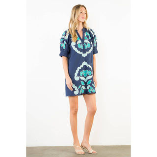 Thml Embroidered Puff Sleeve V-Neck Cotton Mini Dress