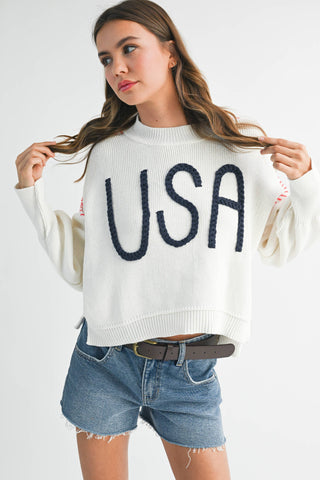 Women's USA Rope Letter Sweater | Cotton Oversized Patriotic Pullover