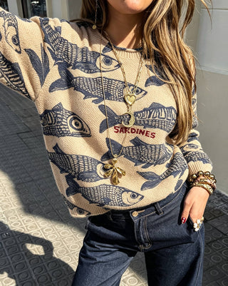 New England Coastal Sardine Graphic Knit Sweater