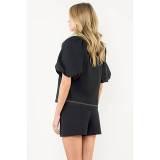 Thml Contrast Stitch Puff Sleeve Cotton V-Neck Top