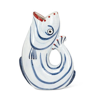 Coastal Blue Stripe Ceramic Fish Pitcher – 48oz Modern Water Jug