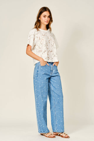 Lace Floral Blouse – Elegant Short Sleeve Eyelet Top
