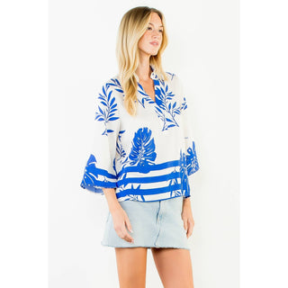 Thml Coastal Blue Tropical Leaf Print V-Neck Blouse