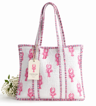 Coastal Lobster Quilted Tote – Pink & White Summer Travel Bag