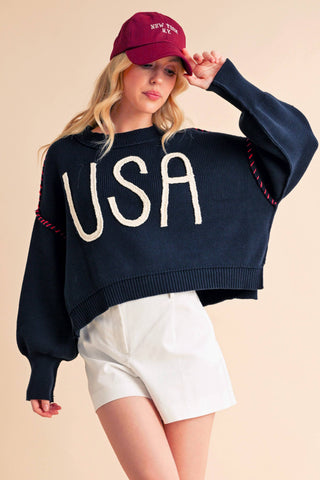 Women's USA Rope Letter Sweater | Cotton Oversized Patriotic Pullover