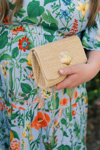 Ruby Scalloped Straw Clutch – Customizable Gold Charm Crossbody