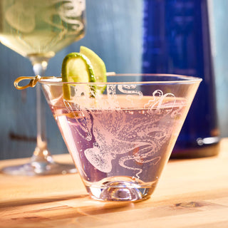 Caskata Lucy the Octopus Stemless Martini Glasses | Hand-Etched Crystal Set of 2