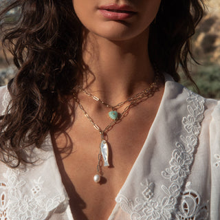 Isabel Amazonite Heart Necklace: 14k Gold Plated Elongated Chain By Thatch Jewelry