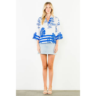 Thml Coastal Blue Tropical Leaf Print V-Neck Blouse