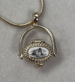 Nantucket Lightship Basket Pendant Necklace with Scrimshaw & Lucky Penny