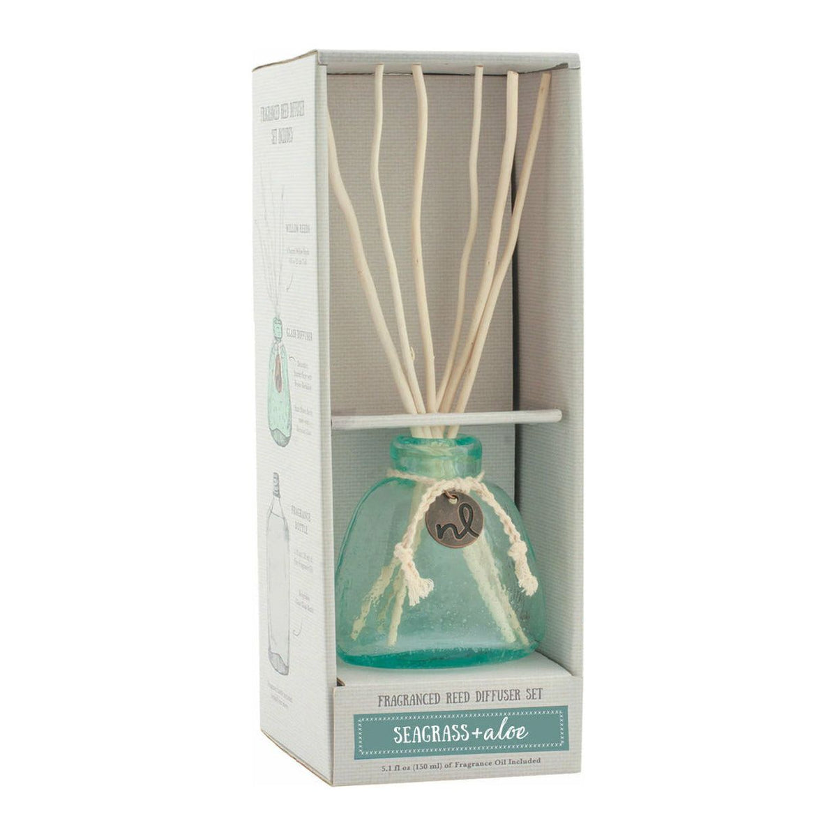Keep the feeling of the beach inside your home all year round with our beautiful coastal diffuser.  This decorative glass bottle is brimming with bubbles and featuring an artisan-rolled rim complete with sun bleached  reeds for an endless summer feel.  The set comes with everything you need, the glass container, reeds and oil but additional oil and replacements reeds are available.  
